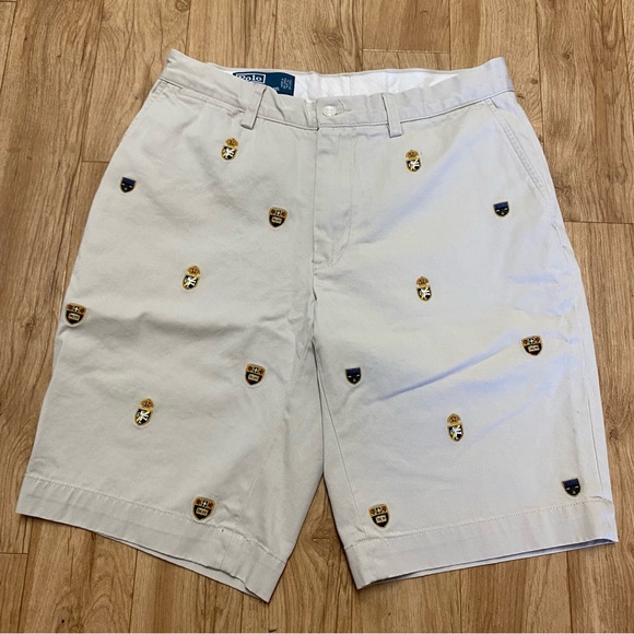 Polo Ralph Lauren VTG Embroidery Crest Logos Khaki Chino Shorts Size 32 - Picture 1 of 6